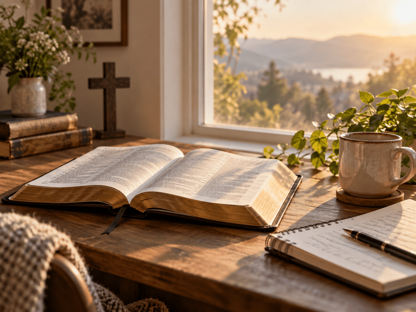 Biblia abierta sobre una mesa iluminada por la luz de la mañana