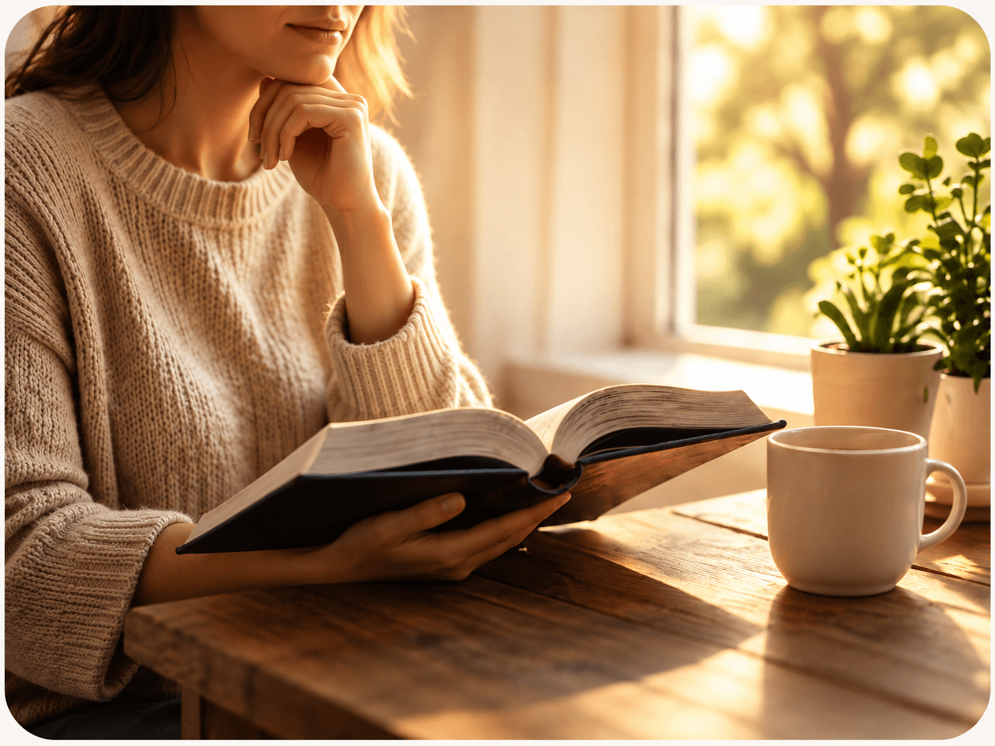 Mujer leyendo y reflexionando sobre la Biblia junto a una ventana