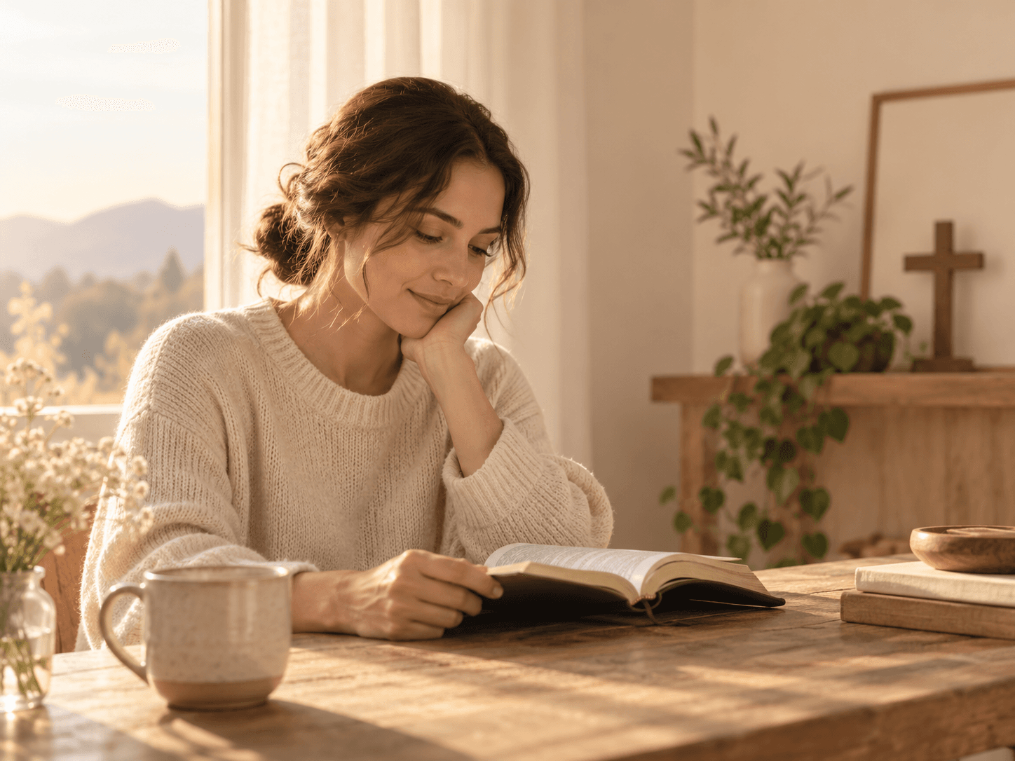 Mujer leyendo la Biblia en un momento de reflexión